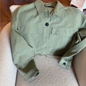 Green denim cropped chore coat